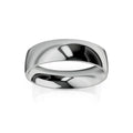 A simple, polished silver band ring with a smooth, reflective surface on a white background.