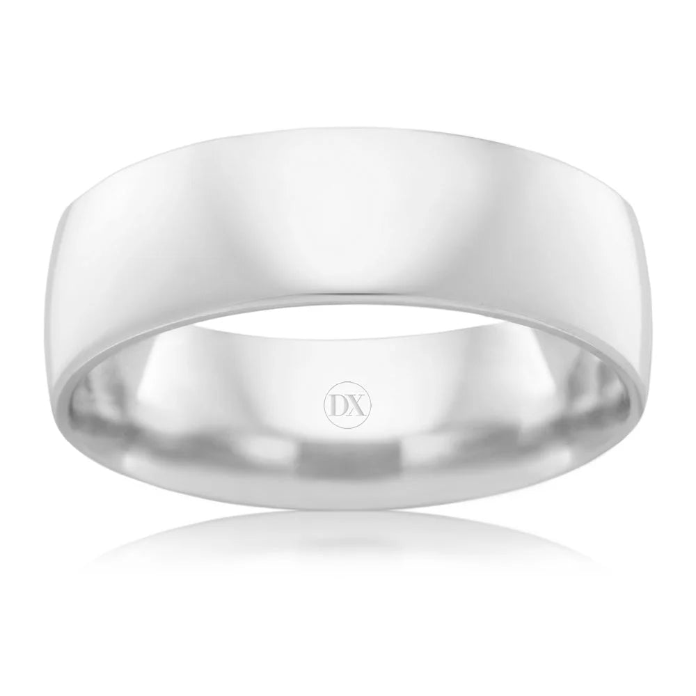 A plain, polished silver band ring with a smooth surface, reflected on a white background.