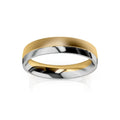A two-tone ring with a matte gold upper half and a polished silver lower half on a white background.