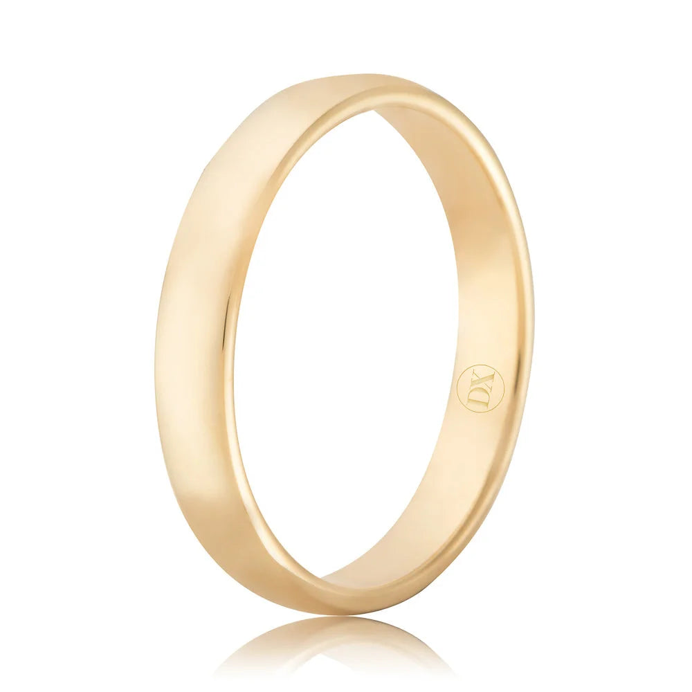 Plain gold band ring with a smooth, polished finish and a small engraved logo on the inner side.