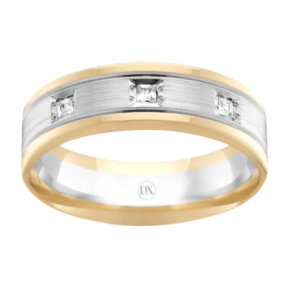 A two-tone gold and silver ring with three square-cut diamonds set in a brushed silver center band.