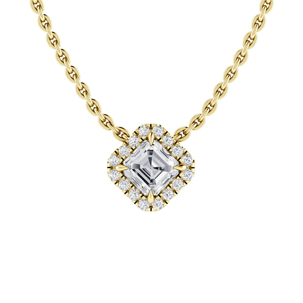 Gold chain necklace with a square diamond pendant surrounded by small round diamonds, on a white background.