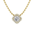 Gold chain necklace with a square diamond pendant surrounded by small round diamonds, on a white background.