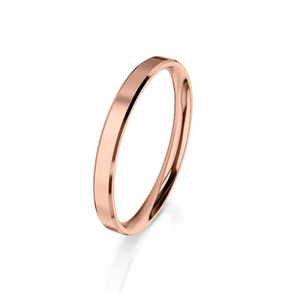 A thin, polished rose gold ring with a smooth, flat surface on a white background.
