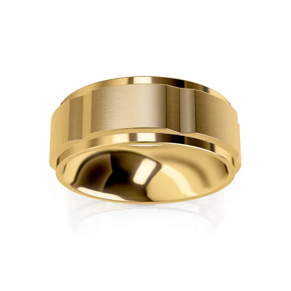 Wide gold ring with a brushed center band and polished, shiny beveled edges, on a white background.