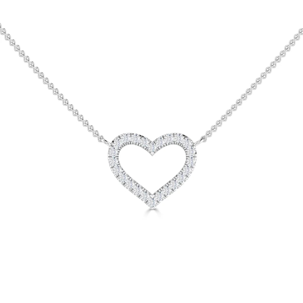 Silver chain necklace with an open heart-shaped pendant encrusted with small, sparkling diamonds.