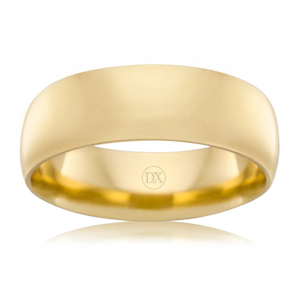 A plain, polished yellow gold wedding band with a simple, smooth surface and soft, rounded edges.