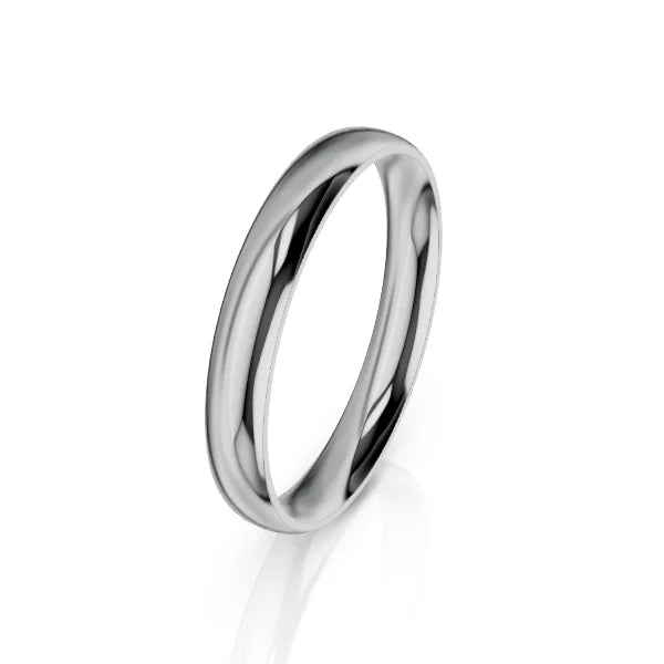 A simple, polished silver band ring with a smooth, rounded surface on a plain white background.