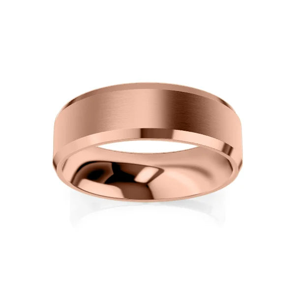 A simple, polished rose gold wedding band with a matte center and shiny beveled edges on a white background.