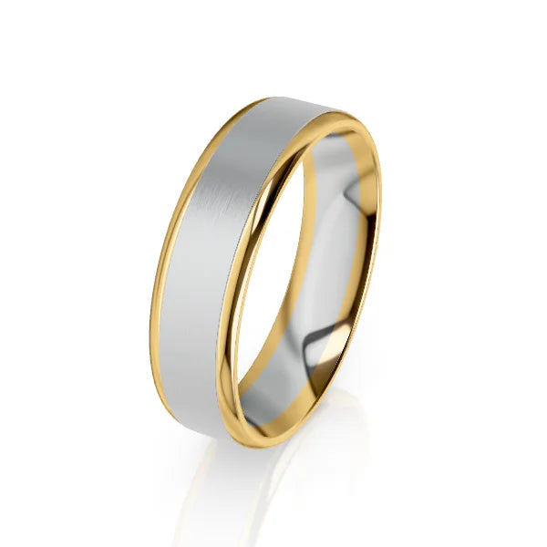 Gold and silver two-tone wedding band with a polished finish, shown on a white background.