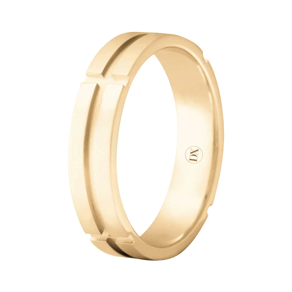 Matte gold band ring with two parallel grooves and a small engraved logo inside the band.
