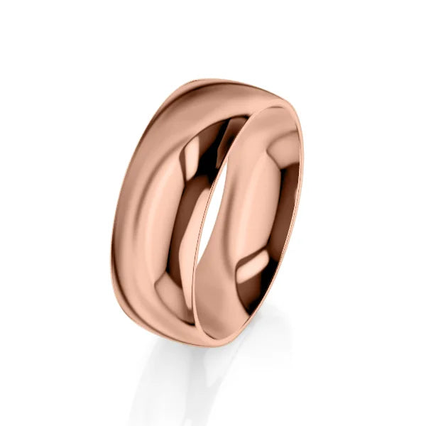 A wide, polished rose gold ring with a smooth, shiny surface on a white background.