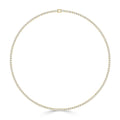 A gold tennis necklace with evenly spaced round white diamonds, displayed in a perfect circle on a white background.