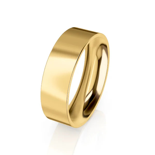 Simple, wide gold band ring with a smooth, polished surface on a white background.