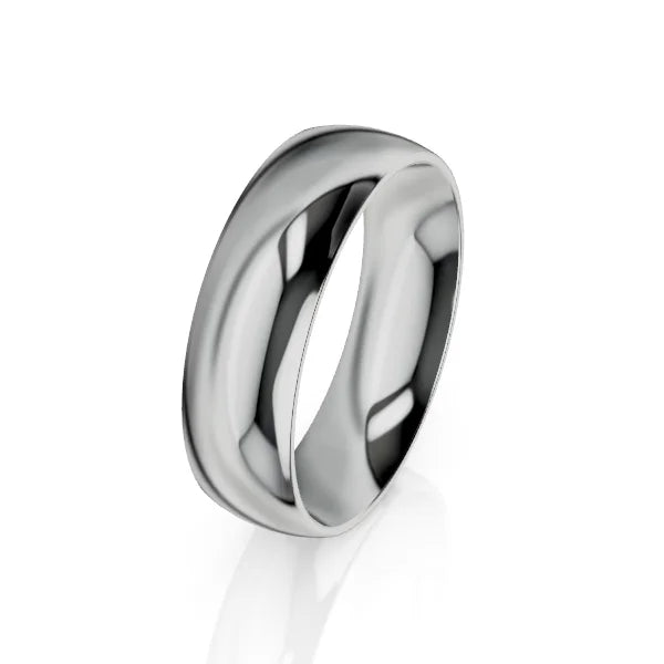 A plain, polished silver band ring with a smooth, reflective surface on a white background.