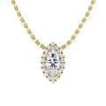 Gold chain necklace with a marquise-cut diamond pendant, surrounded by smaller round diamonds.