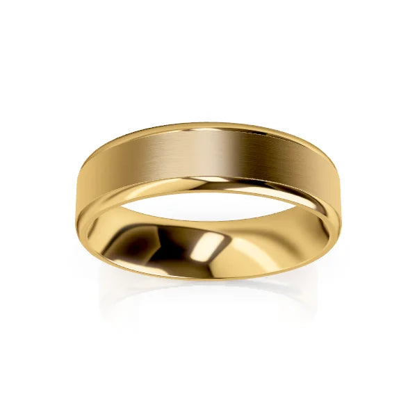 A plain, polished yellow gold wedding band with a smooth, slightly domed surface on a white background.