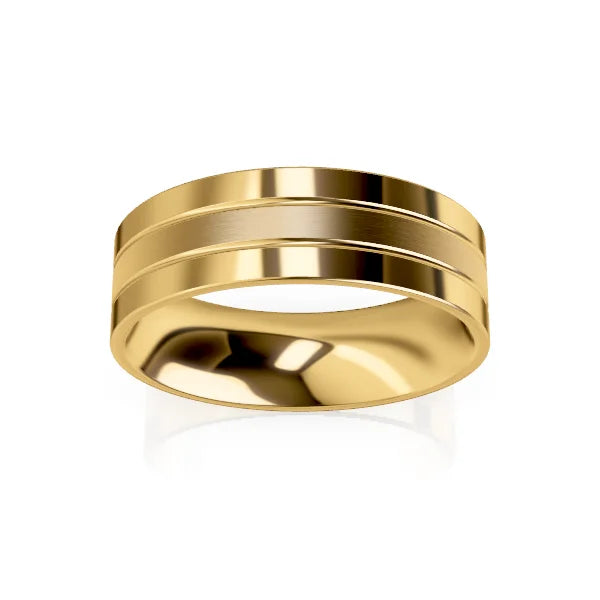 A shiny gold ring with two parallel grooves around its center, shown on a white background.