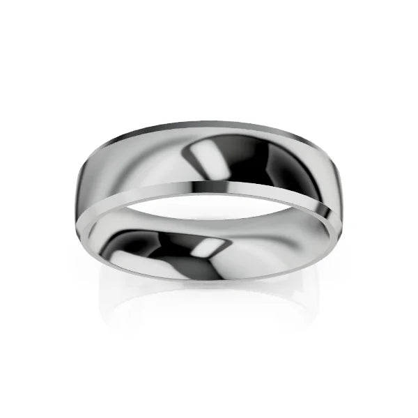 A shiny, plain silver ring with a smooth, polished surface is shown on a white background.