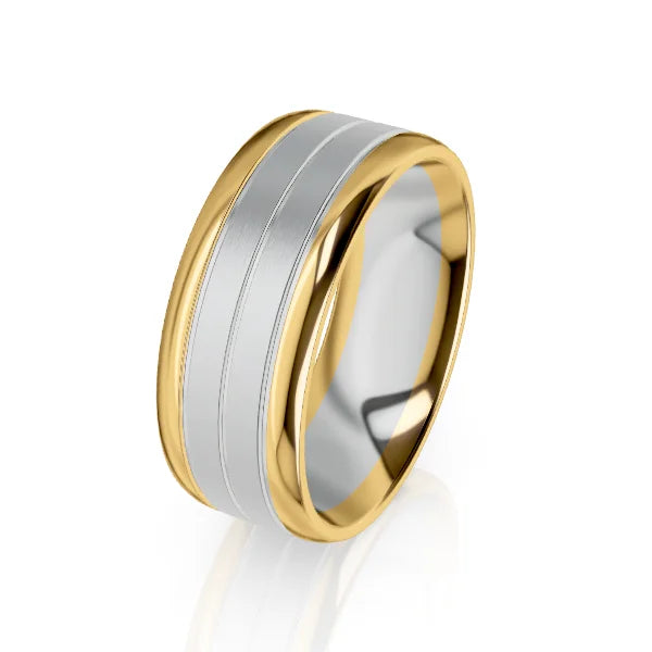 A gold ring with a wide silver band in the center, featuring smooth edges and a reflective finish.