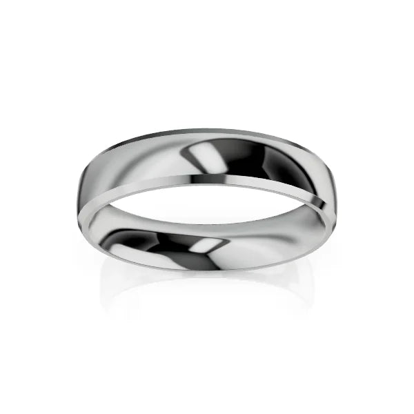 A simple, polished silver ring with a smooth, curved surface on a white background.