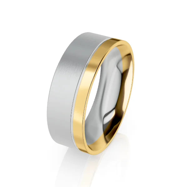 A two-tone ring with a brushed silver band and polished gold edges, shown on a white background.