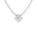 Silver chain necklace with a square diamond pendant set in a simple bezel on a white background.