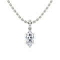 A silver chain necklace with a marquise-cut diamond pendant and a small diamond-accented bail.