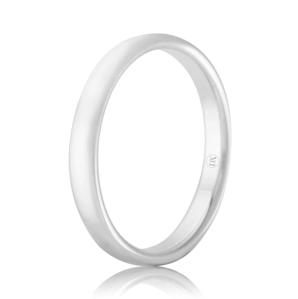 Simple, polished silver band ring with a smooth surface and a small engraved logo on the inner side.