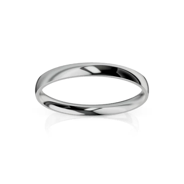 A polished, simple silver ring with a smooth, reflective surface on a white background.