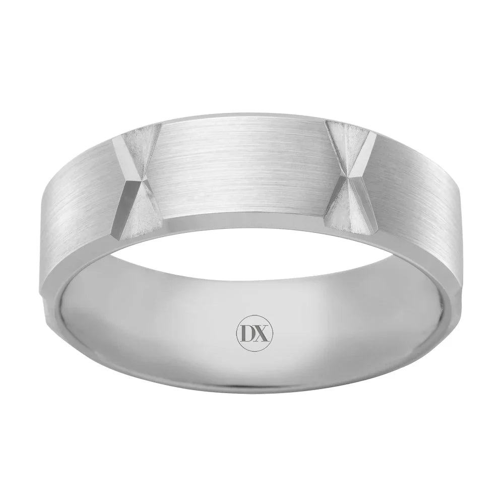 Brushed silver ring with two engraved X-shaped designs and a small DX logo inside the band.