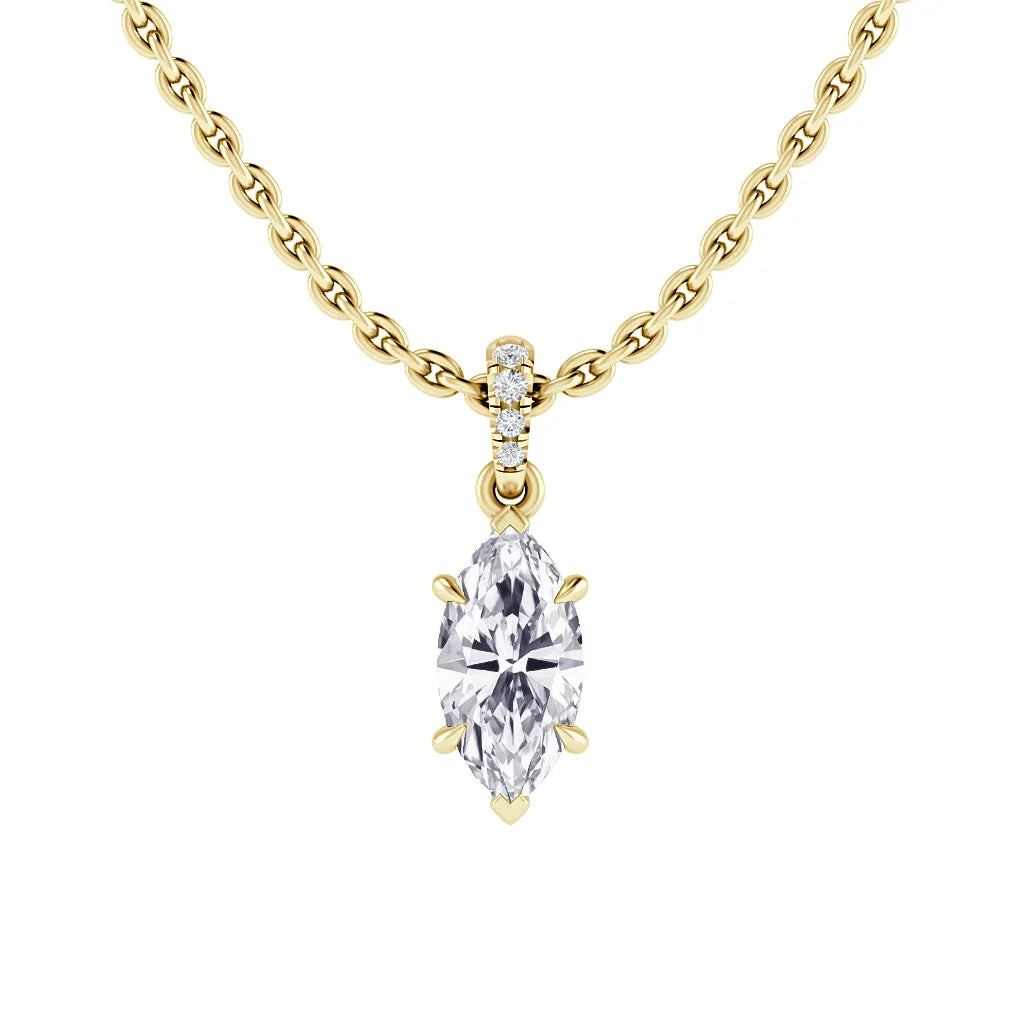 A gold chain necklace with a marquise-cut diamond pendant and three small diamonds above the main stone.
