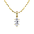 A gold chain necklace with a marquise-cut diamond pendant and three small diamonds above the main stone.