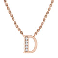 Rose gold chain necklace with a D pendant; vertical row of diamonds decorates the letters left side.