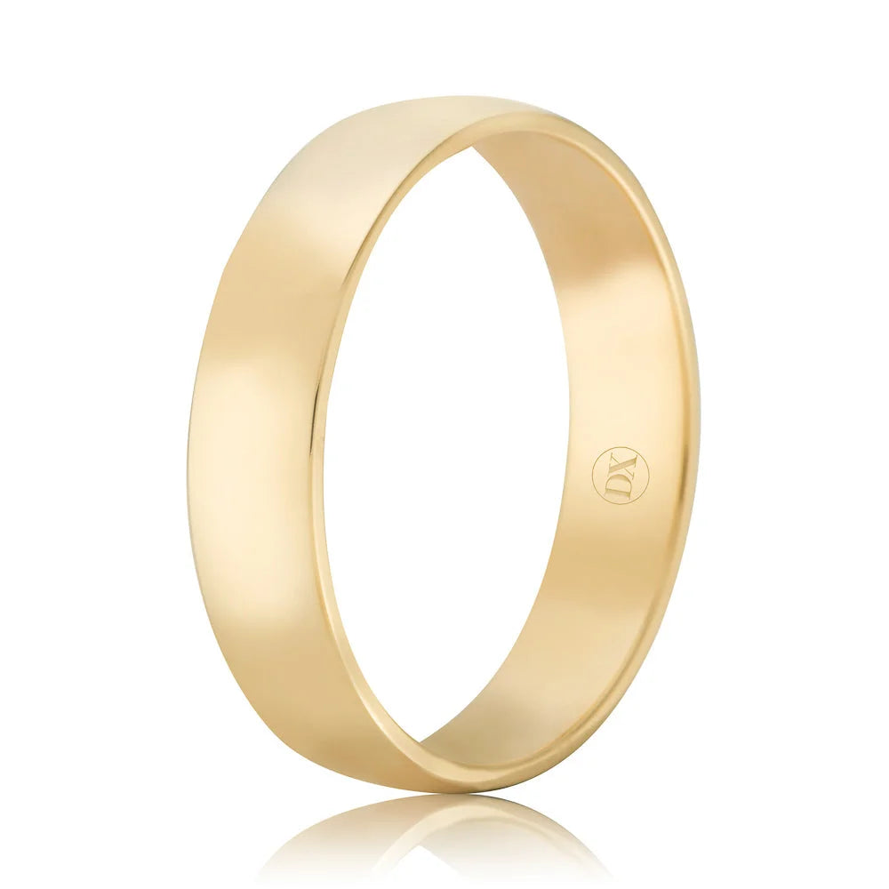 A simple, polished yellow gold wedding band with a flat surface and a small engraved logo inside.