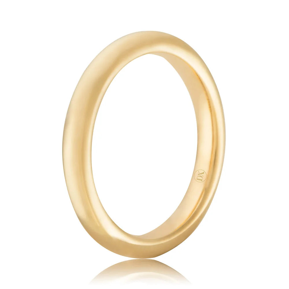 Simple gold band ring with a smooth, polished finish, standing upright on a white background.