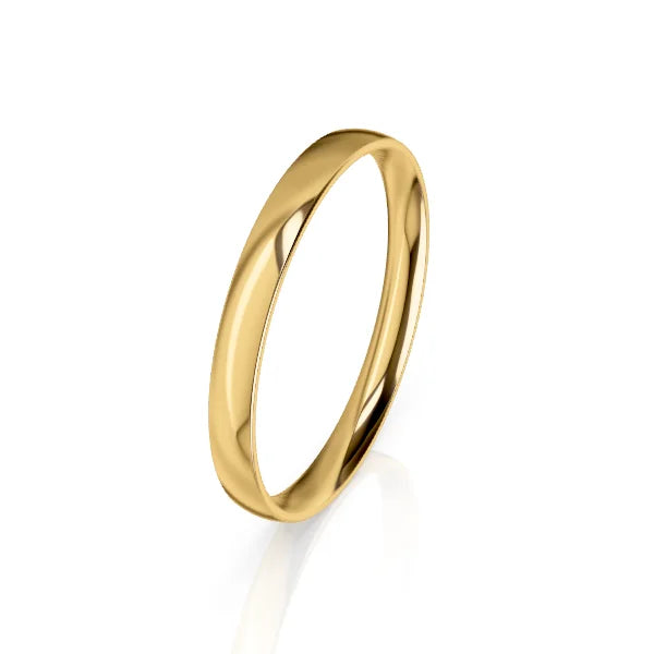 A thin, plain gold wedding band with a smooth, polished finish against a white background.