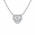 A silver chain necklace with a heart-shaped diamond pendant surrounded by smaller diamonds on a white background.