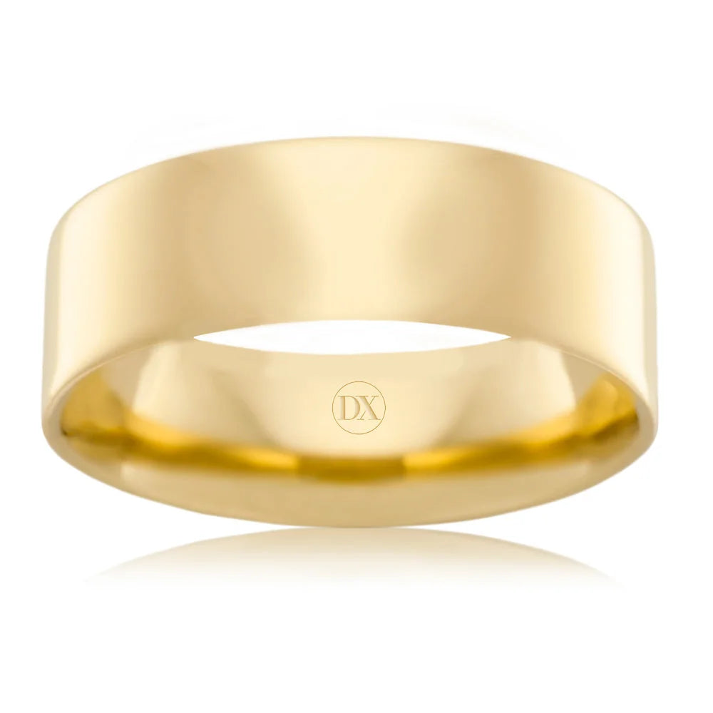 A plain, polished yellow gold band ring with a smooth finish, photographed on a white background.