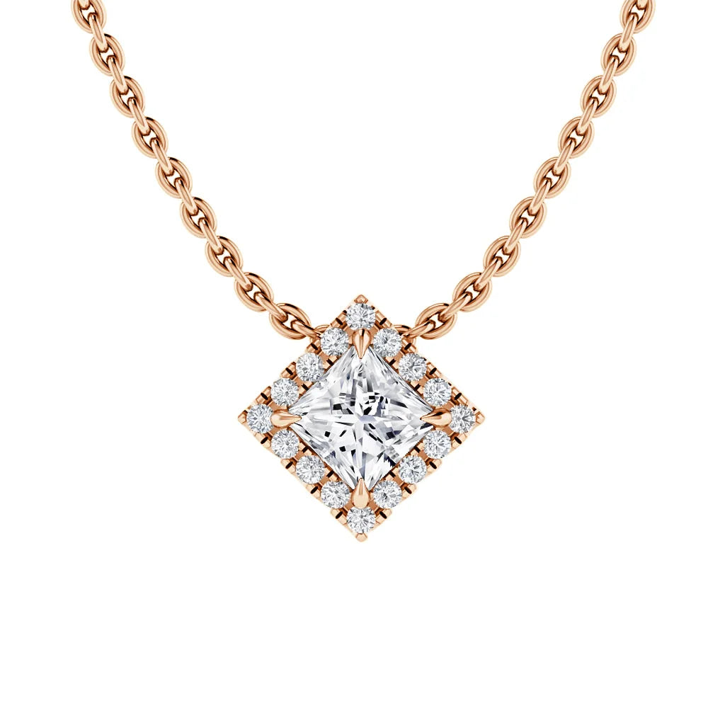 Rose gold chain necklace with a square diamond pendant, surrounded by smaller diamonds on a white background.