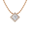 Rose gold chain necklace with a square diamond pendant, surrounded by smaller diamonds on a white background.