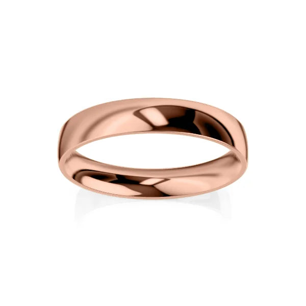 A plain, polished rose gold wedding band with a smooth, rounded surface on a white background.