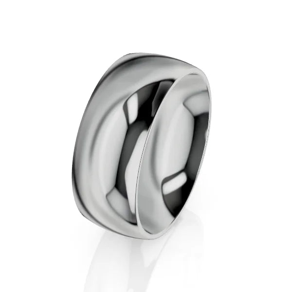 A wide, polished silver band ring with a smooth, reflective surface, shown on a white background.