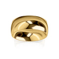 Wide, polished gold ring with a bold curved shape, reflecting light on a plain white background.