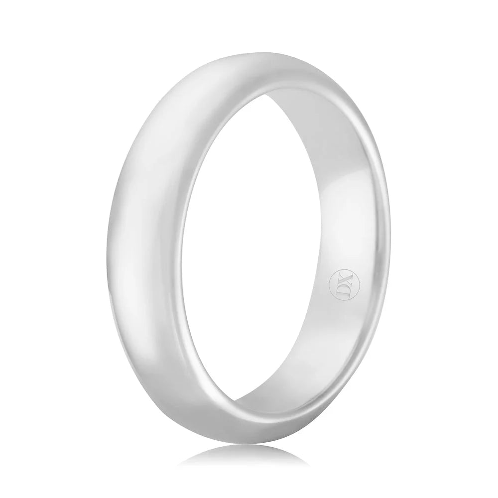 A plain, polished silver band ring with a smooth surface and a small engraved logo on the inside.