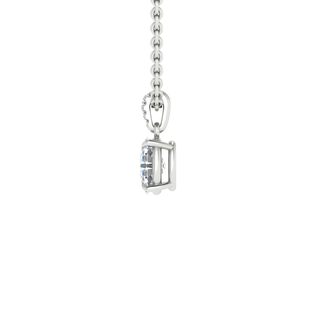 Side view of a silver chain necklace with a round, prong-set clear gemstone pendant against a white background.
