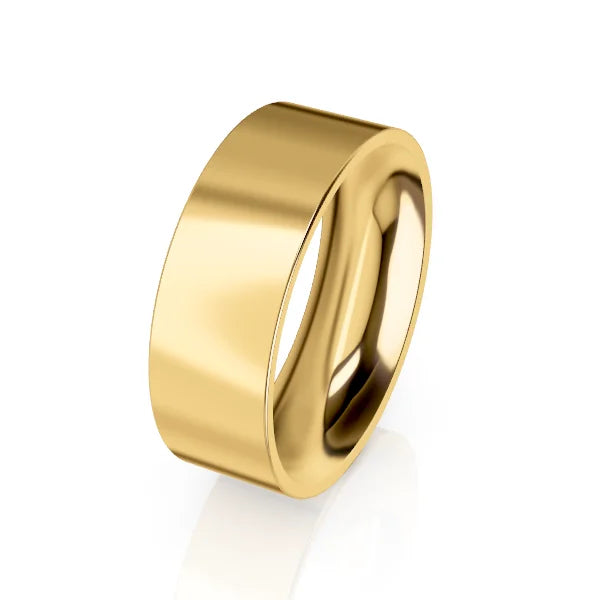 A plain, polished gold ring with a wide band, set against a white background.
