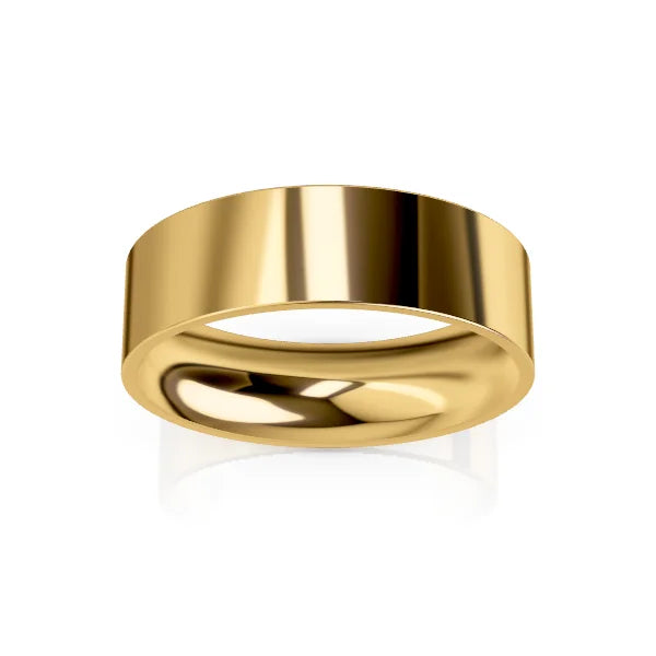 A shiny, plain gold band ring with a smooth surface, reflecting light on a white background.