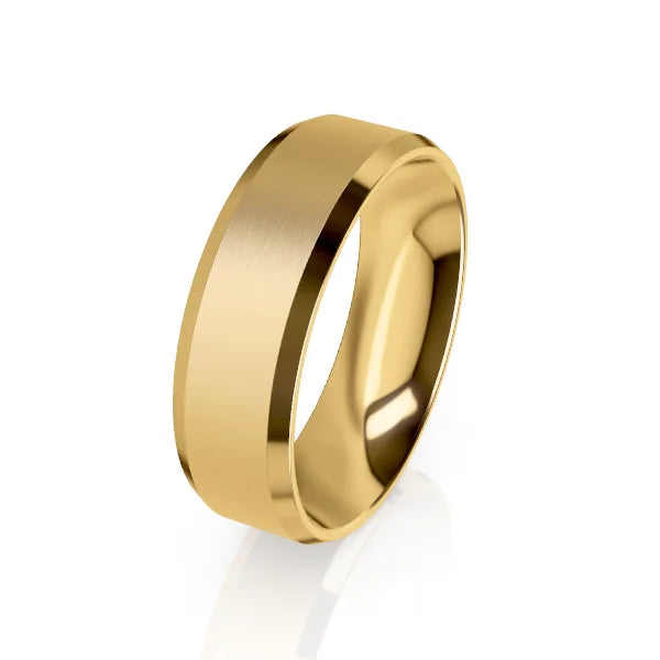 A plain, polished gold band ring with a smooth, shiny finish, displayed on a white background.