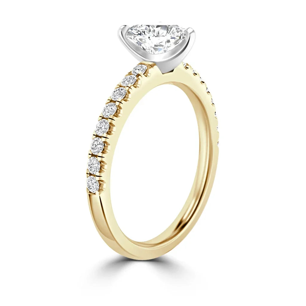 Gold ring with a round diamond solitaire and small diamonds set along the upper half of the band.